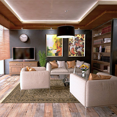 View of living room with modern sofa and chairs on vinyl plank flooring near Santa Monica.