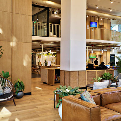 Interior view of building lobby with vinyl floors installed by flooring company near Santa Monica, CA.
