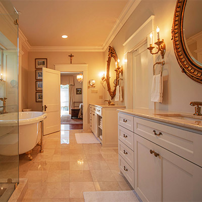 Interior view of bathroom with tile flooring installed by floor company near Santa Monica, CA.